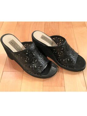 Kenneth Cole Reaction Black Leather 3.75" Wedge Sandals Made in Brazil Size 9.5M